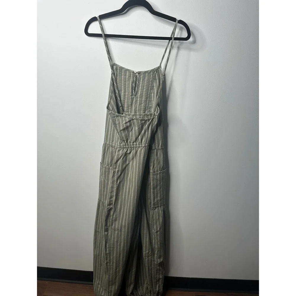 Free People Striped Pleated Bib Jumpsuit Olive Green Cream XL NWT Boho Wide Leg